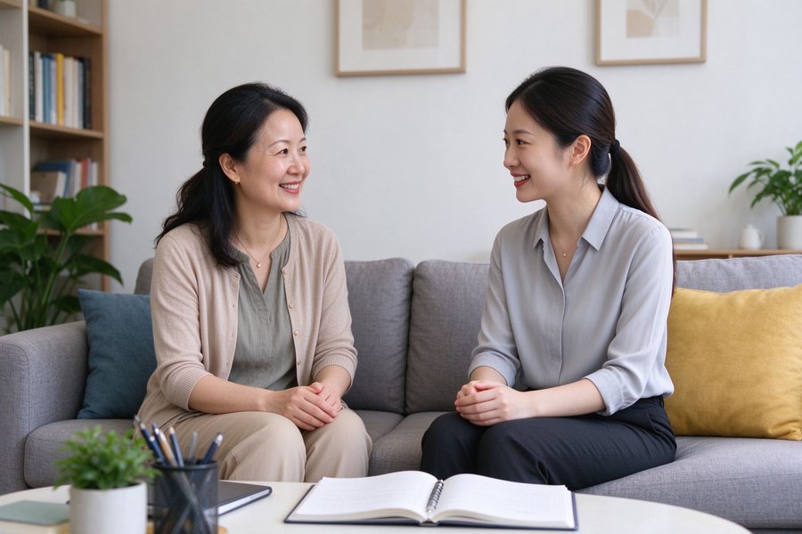 家长与老师沙发交谈