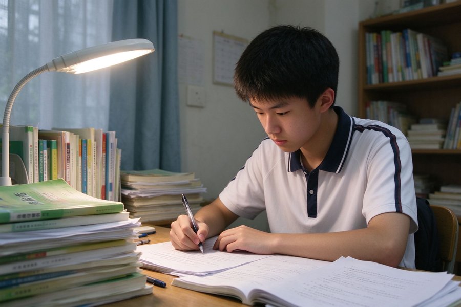 汕头高中生书桌前写作业