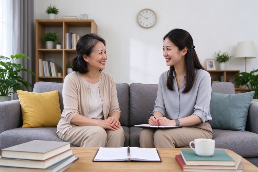 家长与老师沙发交谈
