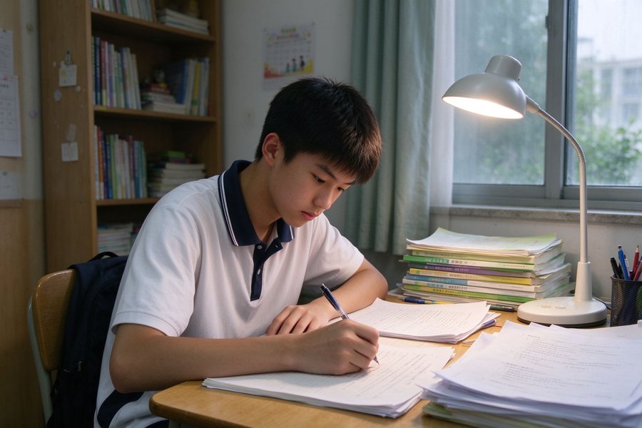 中山高中生书桌前写作业