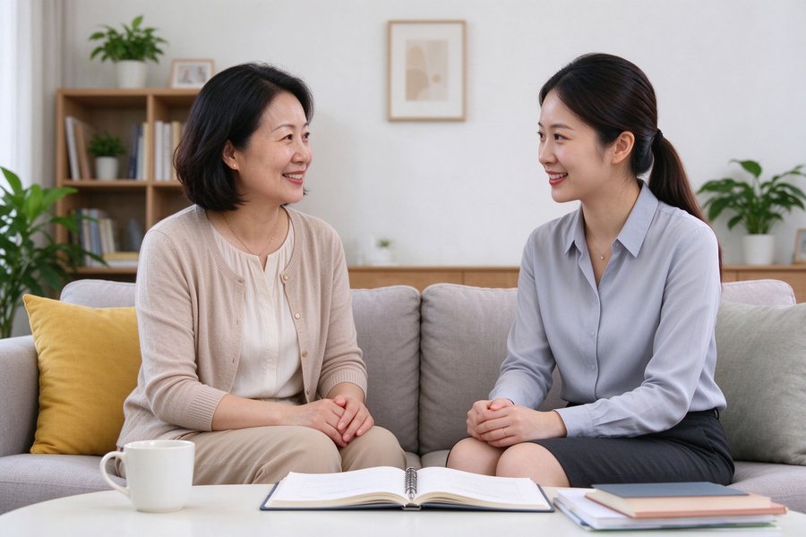 家长与老师沙发交谈