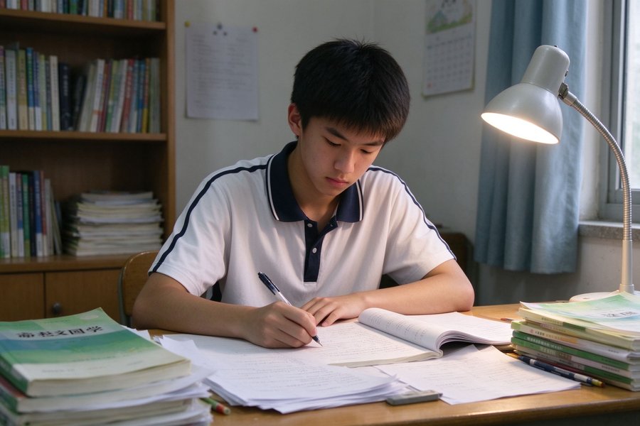 汕尾高中生书桌前写作业
