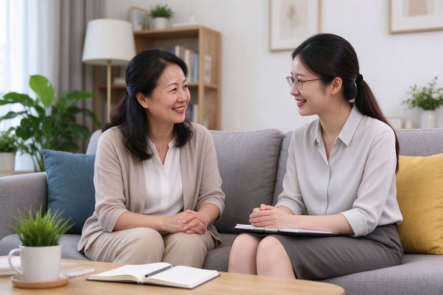 家长与老师沙发交谈