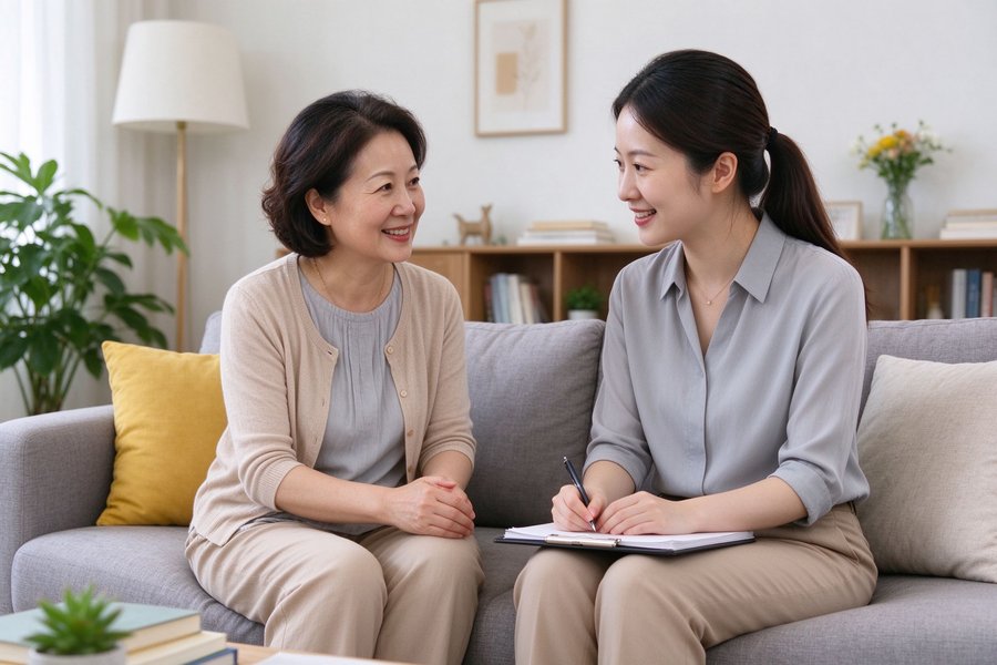 家长与老师沙发交谈