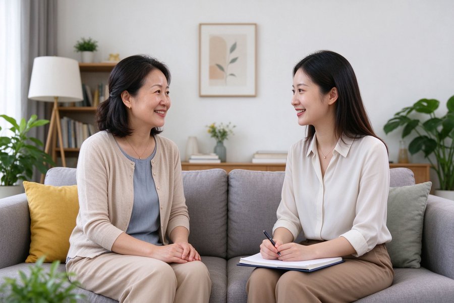 家长与老师沙发交谈