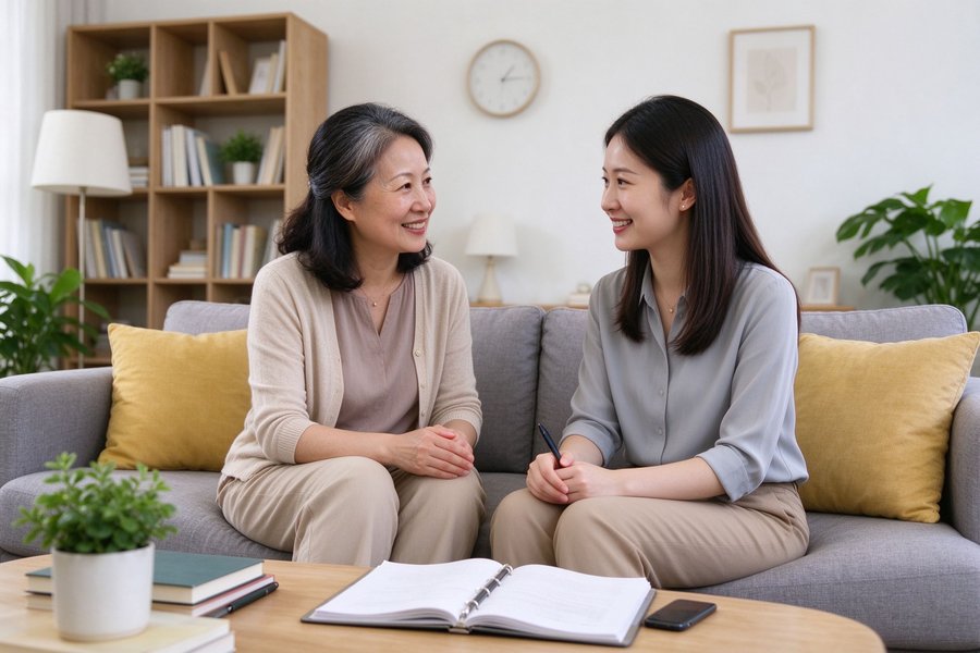 家长与老师沙发交谈