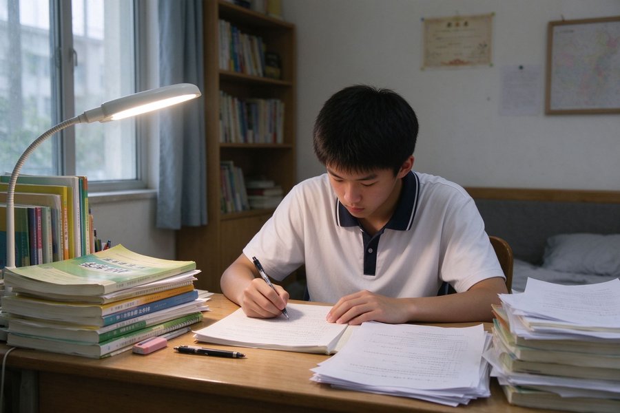 南京高中生书桌前写作业