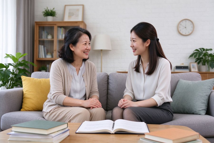 家长与老师沙发交谈