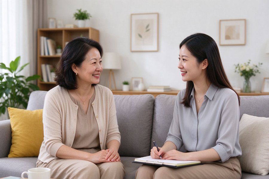 家长与老师沙发交谈