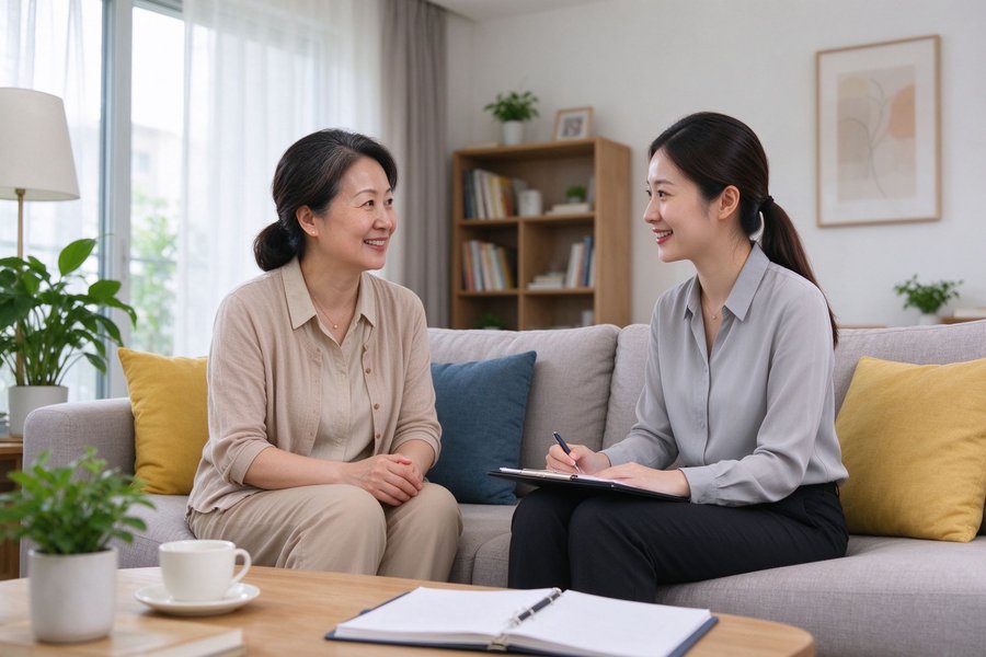 家长与老师沙发交谈