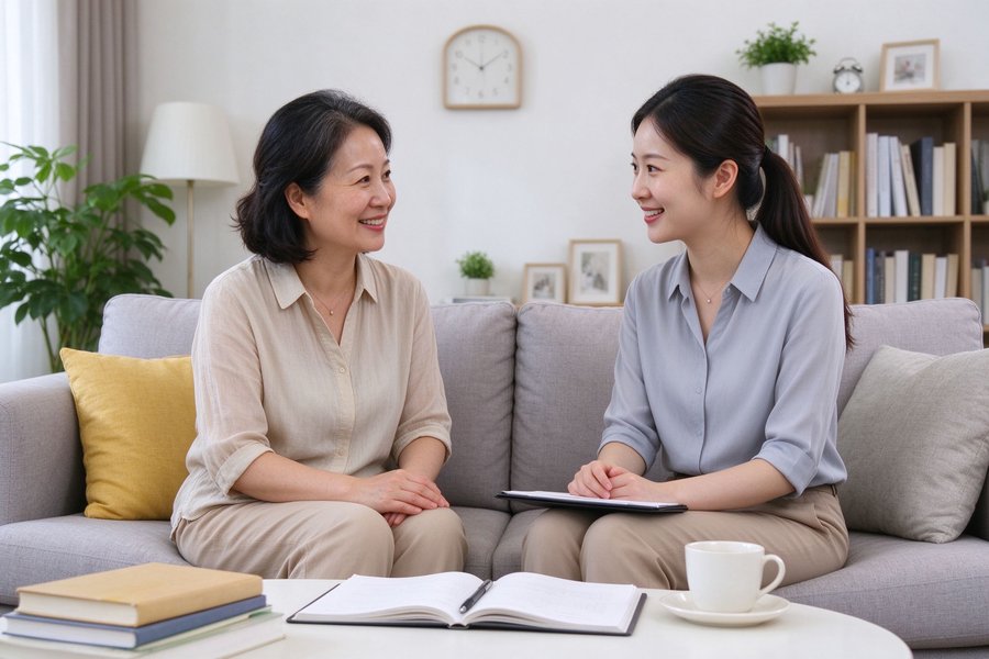 家长与老师沙发交谈