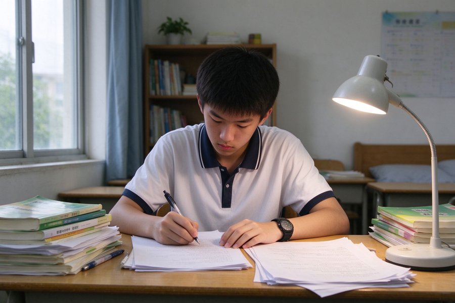 清远高中生书桌前写作业