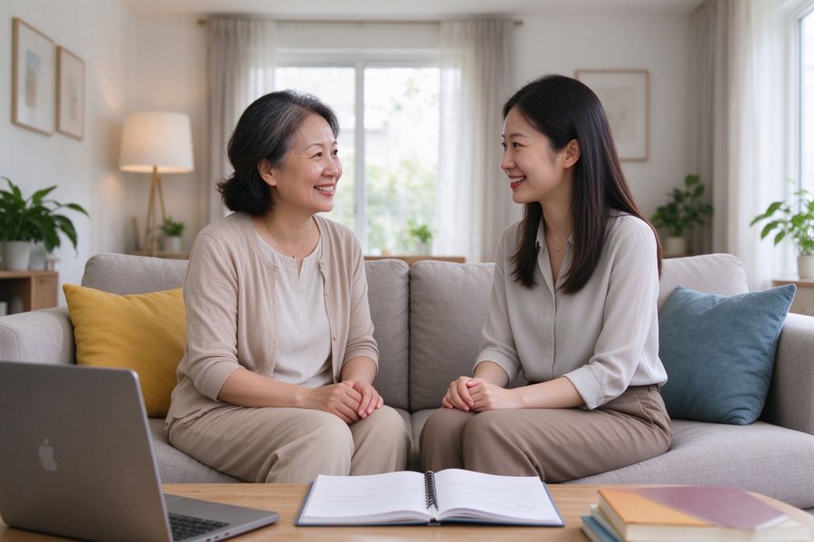 家长与老师沙发交谈