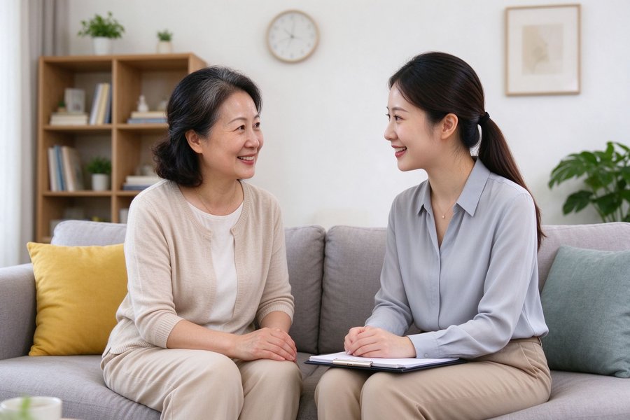 家长与老师沙发交谈