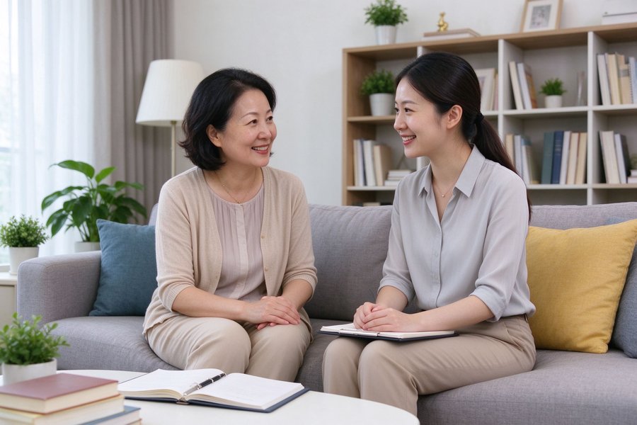家长与老师沙发交谈
