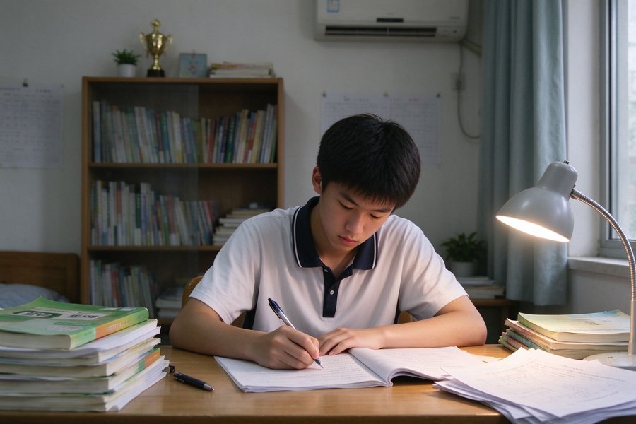 潮州高中生书桌前写作业