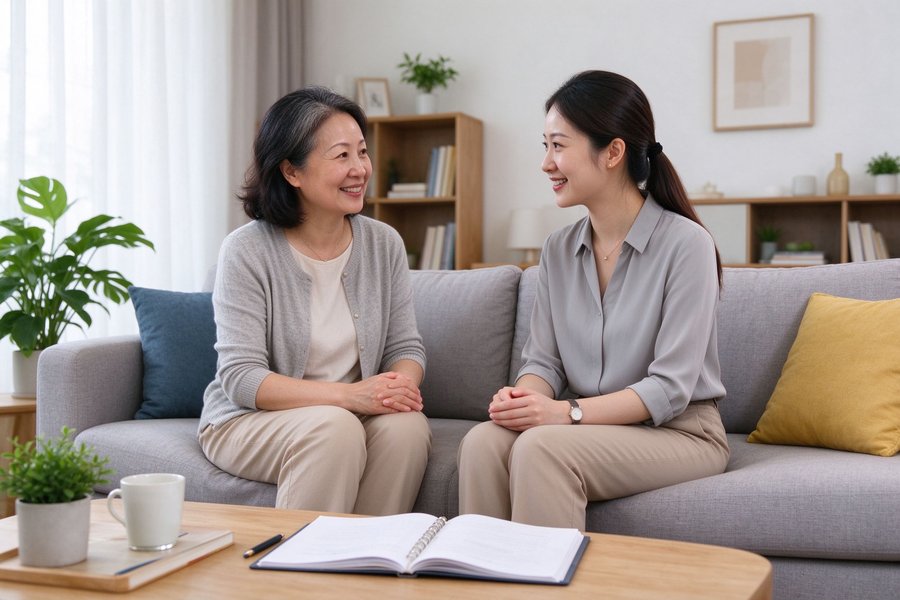 家长与老师沙发交谈