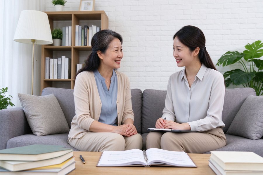 家长与老师沙发交谈