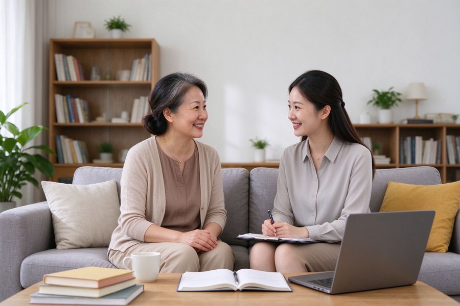 家长与老师沙发交谈