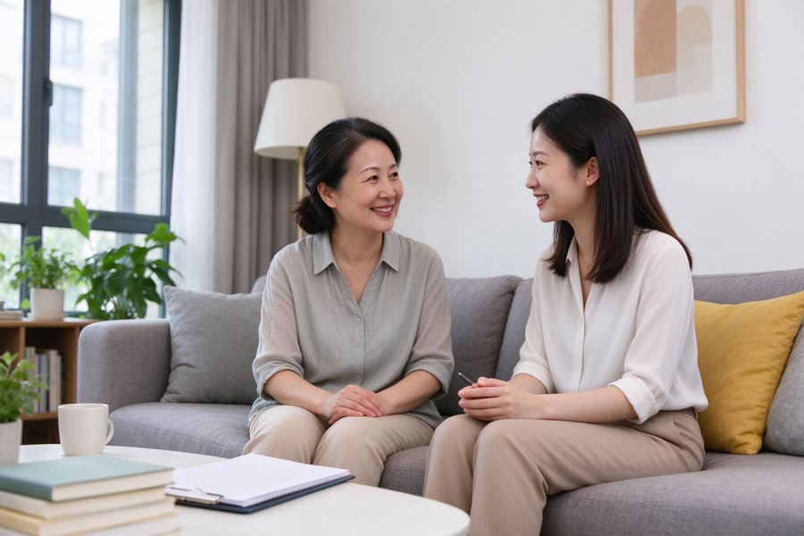 家长与老师沙发交谈